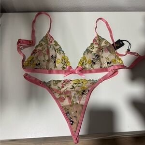 NWT Floral Embroidered Pink and Yellow Lingerie Set
